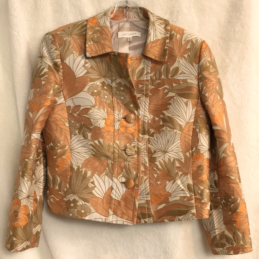 Escada 42 Leaves flowers Jacket Tan Cream Orange 12